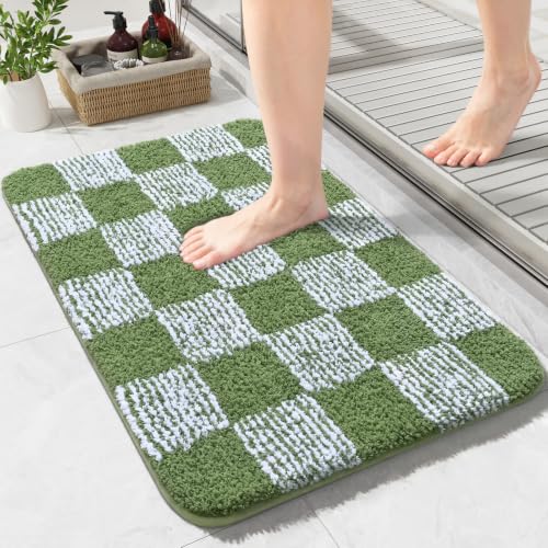 LOCHAS Bathroom Rugs 24×17, Checkered Bath Mat Non Slip, Green | Rubber Backing Absorbent Machine Washable, Microfiber Carpet for Kitchen Bedroom Entryway - color: Green, size: 24" x 17"