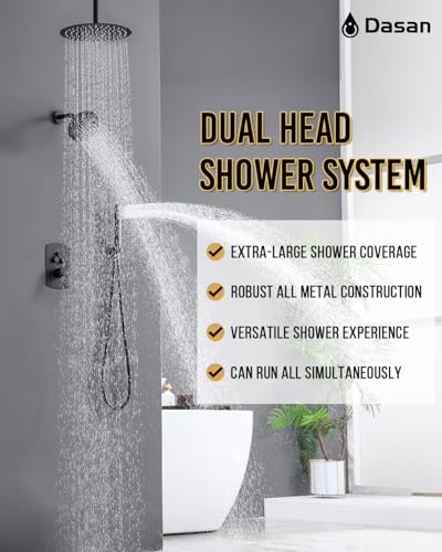 Dasan Rainfall Full Body Shower Faucet System with 12'' Round Shower & 6'' Shower Head,Matte Black Dual Shower Head Faucets Set with Handheld & Valve, Double Shower Head System for Couples/ 2-Person - color: Matte Black