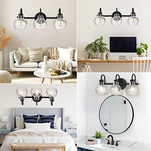 Bathroom Light Fixtures, Black 3 Lights Vanity Light, Farmhouse Wall Sconces with Globe Glass Shade, Porch Wall Mount Lamp for Mirror, Kitchen, Porch Living Room Workshop (E26 Base) | Farmhouse Wall Sconces with Clear Globe Glass Shade, Wall Mount Lamp fo