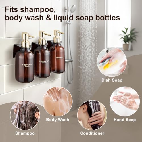 Amber Shampoo and Conditioner Dispenser Set of 3 | Gold Pumps, 16.9 oz Refillable Bottles, No-Drill Wall Mount, For Bathrooms, Hotels and Airbnbs - color: Dark Amber + Gold Pump