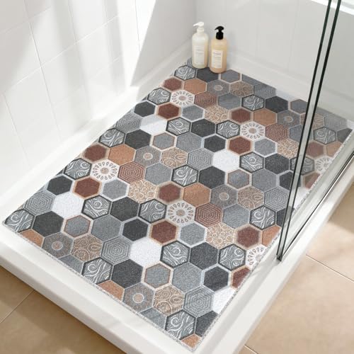 Shower Mat Non Slip: 47.2x31.5 Inch Extra Large Shower Mats for Inside Shower, Soft PVC Loofah Massage Showe Stall Mat, Anti Slip Mat for Shower, Floor, Bathroom, Kitchen, Quick Drying - color: Hexagonal Tiles, size: 47.2" x 31.5" (Rectangular)