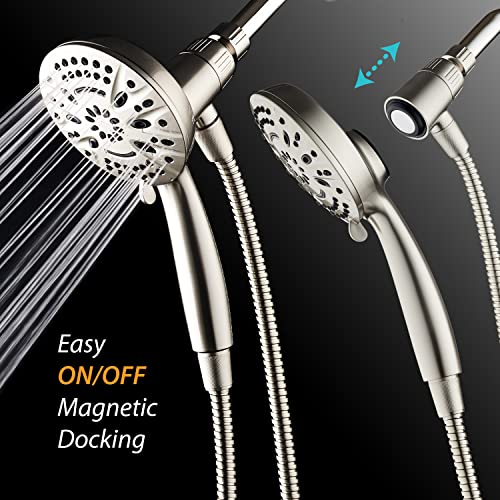 AquaDance New Magnetic Docking 8-setting High Pressure Handheld Shower Head | Space-age Magnetic Guidance Bracket System, Giant 5-inch Face, Extra-long 72-inch Stainless Steel Hose - Nickel - color: All Nickel