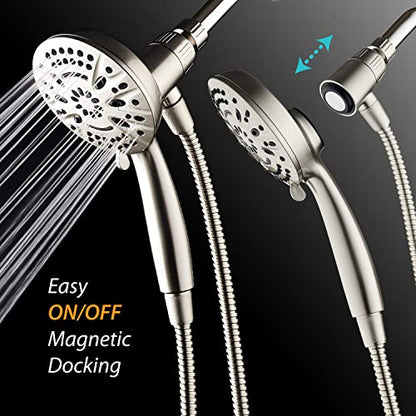 AquaDance New Magnetic Docking 8-setting High Pressure Handheld Shower Head | Space-age Magnetic Guidance Bracket System, Giant 5-inch Face, Extra-long 72-inch Stainless Steel Hose - Nickel - color: All Nickel