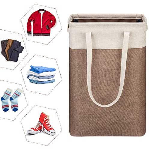 Laundry Basket with Handles Beige&Brown Slim Laundry Bin Collapsible Dirty Clothes Basket Narrow Laundry Bag Foldable Dirty Hamper for Camping, Dorms, Apartments - color: Beig&Brown