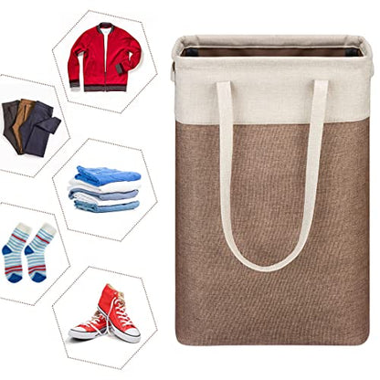 Laundry Basket with Handles Beige&Brown Slim Laundry Bin Collapsible Dirty Clothes Basket Narrow Laundry Bag Foldable Dirty Hamper for Camping, Dorms, Apartments - color: Beig&Brown