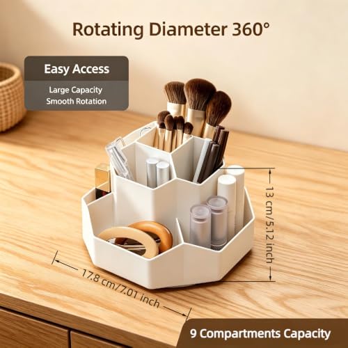 360° Rotating Makeup Brush Holder Organizer with 9 Slots, Makeup Organizers Countertop, Cosmetic Storage for Vanity Desktop Bathroom (White)