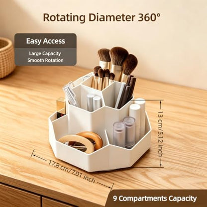 360° Rotating Makeup Brush Holder Organizer with 9 Slots, Makeup Organizers Countertop, Cosmetic Storage for Vanity Desktop Bathroom (White)