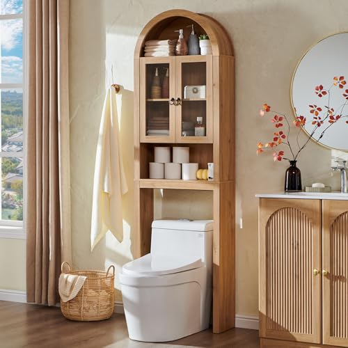 IFGET Arched Over The Toilet Storage Cabinet with Acrylic Doors, Modern Over Toilet Bathroom Organizer Shelf, Small Wooden Bathroom Storage Cabinet with Adjustable Shelf,Space Saver, Natural Oak - color: Natural Oak