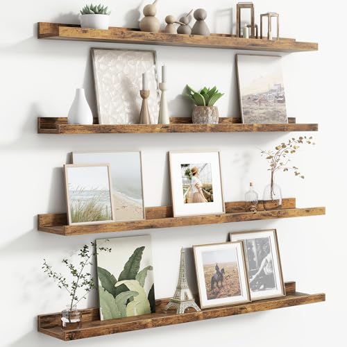Floating Picture Ledge Shelves for Wall Set of 4, 36 Inch Wall Shelves with Lip Long Large Nursery Book Shelf for Toys Storage Kids Bookshelf Wall Mounted Living Room Bedroom Decor Frames - color: Brown, size: 36'', Set of 4