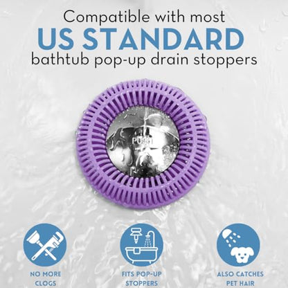TubRing Pop-Up Drain Protector & Strainer Silicone Hair Catcher, Violet | Easy snap-in design fits around bathtub stoppers. Customizable utility guard for clog prevention. Fits 1.85"- 2.16" drains. - color: Violet