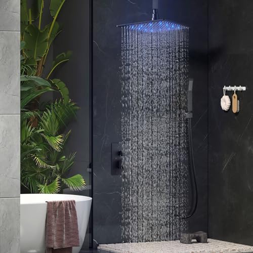 Aolemi Ceiling Shower Faucet Set with Handheld 12" LED Head Matte Black | Handheld Spray,12 Inch Rain LED Head,Shower Valve and Trim Kit,All Metal,Ceiling System,Bathroom Mixer - color: Black, size: 12 Inch LED Shower Head