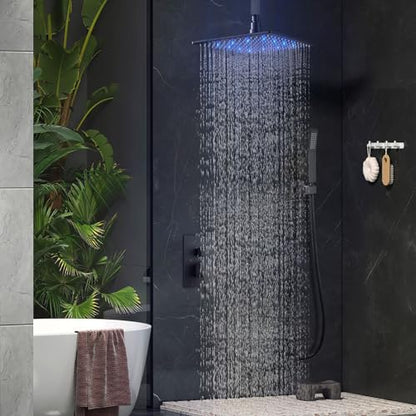 Aolemi Ceiling Shower Faucet Set with Handheld 12" LED Head Matte Black | Handheld Spray,12 Inch Rain LED Head,Shower Valve and Trim Kit,All Metal,Ceiling System,Bathroom Mixer - color: Black, size: 12 Inch LED Shower Head