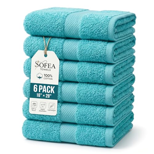 Sofea Hand Towels 6 Pack (16 x 28 Inches) 100% Cotton Bathroom Towels, Soft Absorbent Quick Dry Hand Towels for Bathroom Kitchen - color: Aqua Green