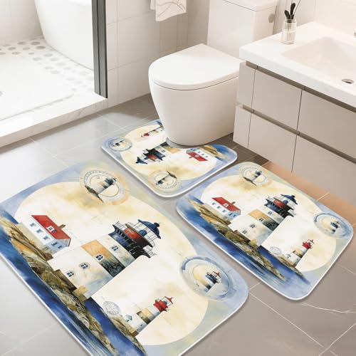 Bathroom Mat Set Beach Coastal Nautical Modern Aesthetic Bathroom Rugs Sets 3 Piece Lighthouse, Memory Foam Bath Rugs, U-Shaped Toilet Rug Non Slip Absorbent Colorful - color: Color15
