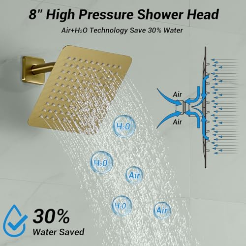 Shower Faucet Set with Valve, 8 Inch Square Rain Shower Head, Brushed Gold | SUS304 Stainless Steel, Brass Rough-in Valve, Single Handle, Air Pressure Boost, Shower Trim Kit, Male Threads - color: Brushed Gold