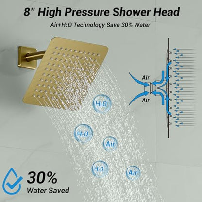 Shower Faucet Set with Valve, 8 Inch Square Rain Shower Head, Brushed Gold | SUS304 Stainless Steel, Brass Rough-in Valve, Single Handle, Air Pressure Boost, Shower Trim Kit, Male Threads - color: Brushed Gold