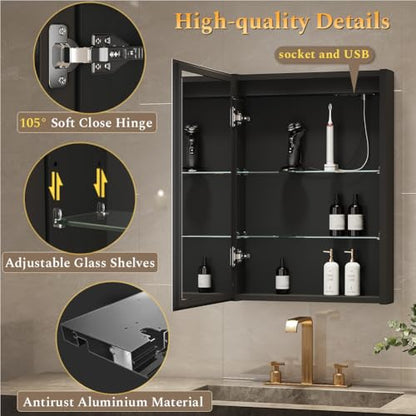 Spliceable Modular LED Lighted Bathroom Medicine Cabinet Mirror with Anti-Fog Aluminum Frame, Adjustable Lighting, Built-in Sockets & USB Ports – Wall Mounted (Left Hinge, 28" L x 20" W) - color: 20"×28" Led Left Hinge Cabinet