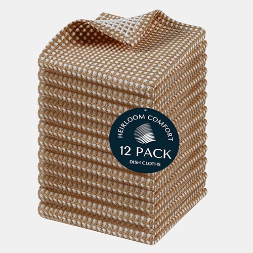 12 Pack Dual Waffle Weave Dish Cloth, 100% Cotton, 12"x12", Super Absorbent, Quick Dry Dishcloth Set, Soft for Cleaning, Drying Dishes, Multi Use, Durable Hand Dish Rag, Brown - color: Brown