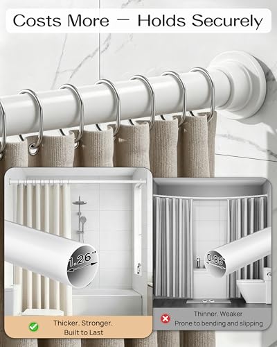 No-Twist Shower Curtain Rod by EZFurni, 42–82 Inch Heavy Duty Tension Rod with Lock-In Stability, No Drill, Spring-Loaded Non-Slip Secure Hold for Bathroom, Window, Closet, 1.26" Diameter, White - color: White, size: 42-82 Inches