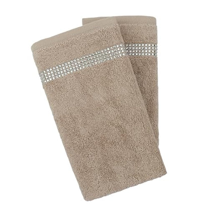 Stripe Fingertip Towel (Set of 2), 100% Turkish Cotton, Glass Rhinestones, 13", Machine Washable, Taupe - color: Taupe