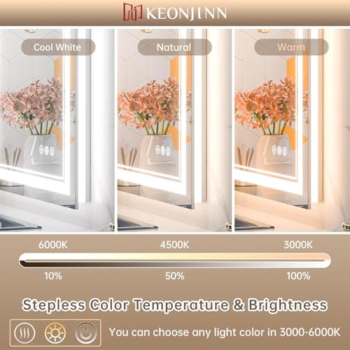 Keonjinn 48 x 36 Inch LED Bathroom Mirror with Lights, Frontlit and Backlit | HD Tempered Glass, Separately Frontlit/Backlit, Double Light Strips, Stepless 3 Colors Temperature & Dimmable, Fast Defogging - size: 36"L x 48"W