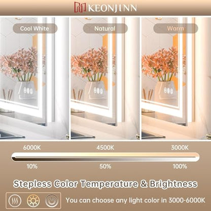 Keonjinn 48 x 36 Inch LED Bathroom Mirror with Lights, Frontlit and Backlit | HD Tempered Glass, Separately Frontlit/Backlit, Double Light Strips, Stepless 3 Colors Temperature & Dimmable, Fast Defogging - size: 36"L x 48"W