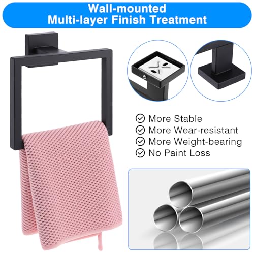 2 Pack Matte Black Towel Ring, Stainless Steel Hand Towel Holder, Modern Square Wall Mounted Bathroom Rack Hangers
