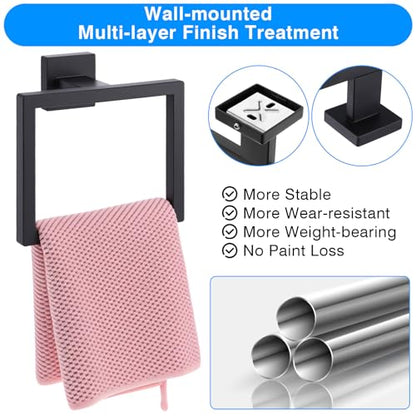 2 Pack Matte Black Towel Ring, Stainless Steel Hand Towel Holder, Modern Square Wall Mounted Bathroom Rack Hangers