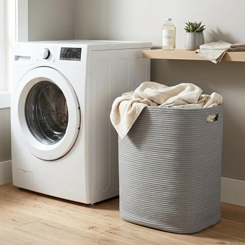 Large Laundry Hamper 16"x13"x22" - Tall Woven Laundry Basket, Cotton Rope Dirty Clothes Hamper, Baby Kids Nursery Wicker Laundry Basket, Bedroom Aesthetic, Soft Laundry Bin, Gray Hamper, 75L - color: Gray