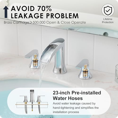 Chrome Modern Bathroom Faucet Waterfall 4-8 Inch 3 Hole Bathroom Sink Faucet Widespread with Pop-up Drain and cUPC Supply Line, 2 Handle for Vanity, Lavatory, Restroom, Apartment, Brass Material - color: Chrome - Fashion