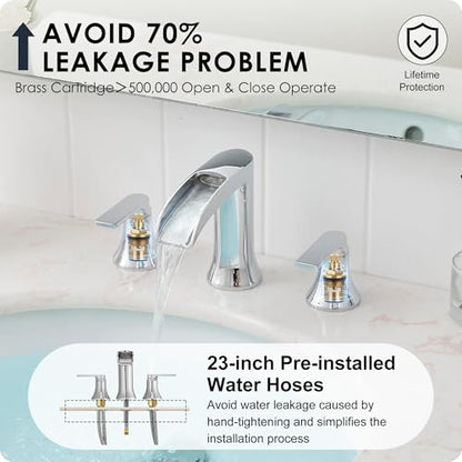 Chrome Modern Bathroom Faucet Waterfall 4-8 Inch 3 Hole Bathroom Sink Faucet Widespread with Pop-up Drain and cUPC Supply Line, 2 Handle for Vanity, Lavatory, Restroom, Apartment, Brass Material - color: Chrome - Fashion