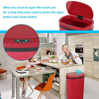 13 Gallon 50L Touch Free Automatic Stainless Steel Trash Can Garbage Can Metal Trash Bin with Lid for Kitchen Living Room Office Bathroom, Electronic Motion Sensor Automatic Trash Can - Red - color: Red