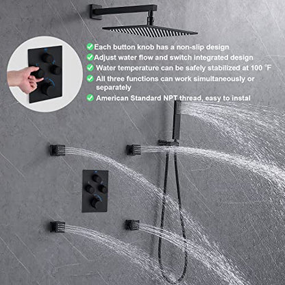Rain Shower System,12 Inch Wall Mounted Rain Shower Head with Body Jets and Handheld Shower, Push Button Thermostatic Shower Faucet Set, Can Use all Options at a Time, Matte Black - color: Matte Black, style: 12inch+4 body jets