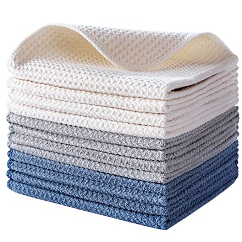POLYTE Premium Microfiber Kitchen Dish Cloth Waffle Weave 12 Pack (12x12 in, Dark Blue, Gray, Off White) | Lint Free, Quick Dry - color: Dark Blue, Gray, Off White, size: 12x12 in