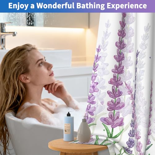 Lavender Shower Curtains for Bathroom, No Hook Floral Shower Curtain with Snap in Liner and Sheer Top Window, 71x74 Inches Shower Curtains Set, Farmhouse Waterproof Shower Curtains with Weighted Hem - color: Lavender