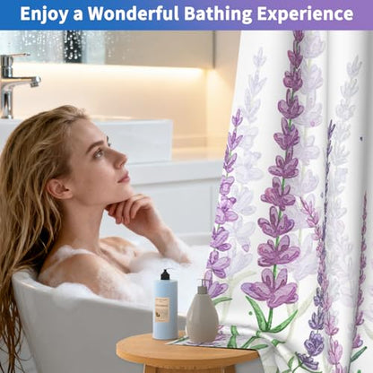 Lavender Shower Curtains for Bathroom, No Hook Floral Shower Curtain with Snap in Liner and Sheer Top Window, 71x74 Inches Shower Curtains Set, Farmhouse Waterproof Shower Curtains with Weighted Hem - color: Lavender