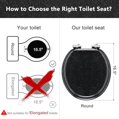 Angol Shiold Glitter Toilet Seat Molded Wood Round Toilet Seat with Quietly Close and Quick Release Hinges, Easy to Install also Easy to Clean (Round 16.5'', Black) - color: Black, size: Round 16.5‘’