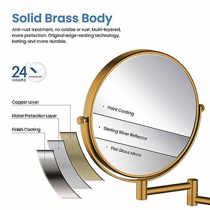 Circular Wall Mount Makeup Mirror, Dual-Sided 1x/5x Magnifying Mirror with Extendable Arm, 360° Swivel, Solid Brass Construction for Durability and Style (Brushed Nickel, KMM100) - color: Brushed Nickel