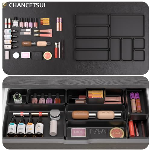 Black Bathroom Drawer Organizer Trays: 9 PC Stackable Desk Organizers Bin | vanity office kitchen modern shallow containers modular storage - color: Black