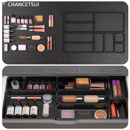 Black Bathroom Drawer Organizer Trays: 9 PC Stackable Desk Organizers Bin | vanity office kitchen modern shallow containers modular storage - color: Black