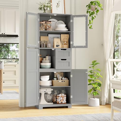 BOTLOG 67'' Tall Bathroom Storage Cabinet with Adjustable Shelf | Frosted Glass Doors, Wood Drawers, Kitchen Pantry Line Cabinet for Kitchen Bathroom, Living Room, Grey - color: Light Grey
