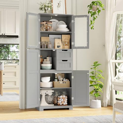 BOTLOG 67'' Tall Bathroom Storage Cabinet with Adjustable Shelf | Frosted Glass Doors, Wood Drawers, Kitchen Pantry Line Cabinet for Kitchen Bathroom, Living Room, Grey - color: Light Grey