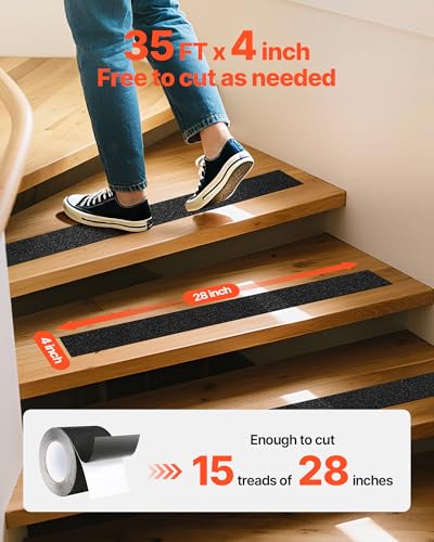 VEVOR Anti-Slip Tape, 35 FT x 4 inch Non Slip Grip Tape for Stairs Steps, 80-Grit Aluminum Oxide High Traction Non-Skid Stair Treads with Strong Adhesive Backing, Suitable for Indoor & Outdoor Use - size: 35 FT/4", style: Anti-Slip Tape