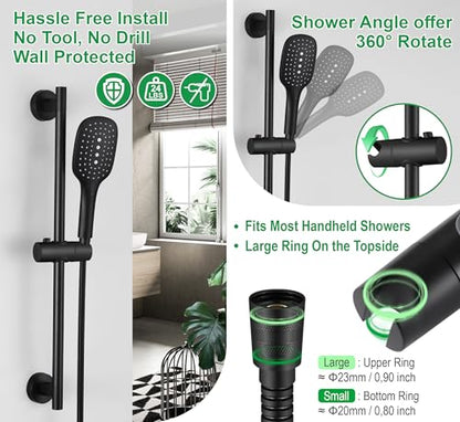 Upgrade 17.7inch Black Shower Slide Bar w/ Vacuum Suction Cup,Reusable & Removable Handheld Shower Head 360°Adjust,Hassle-Free Install for Bathroom Wall Mount,Stainless Steel,No-Drill Renter Friendly - color: Matte Black