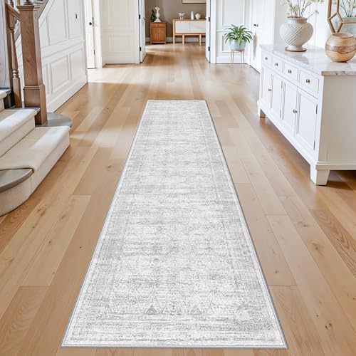 Runner Rug 2x10 Washable Hallway: Non Slip Vintage Boho Carpet with Rubber Backing for Kitchen Entryway Hall Holiday Farmhouse Neutral Cream Long Runners (Grey/Ivory 2'x10') - color: Grey, size: 2' x 10' (Rectangular)