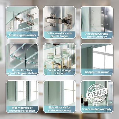 28" x 36" Bathroom Medicine Cabinet with Mirror, Anodized Chrome Aluminum Frame, Surface Mount or Recessed Medicine Cabinet with Mirror, Bathroom Mirror with Storage, Double Doors - size: 28"x36"-A