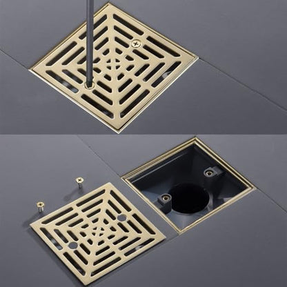 RANDOM Brushed Gold Shower Drain 4 inch Square Shower Drain with Adjustable PVC Base Flange,SUS304 Stainless Steel Shower Floor Drain with Removable Cover Grid Grate - color: B-brushed Gold-4″ Square With Base Flange