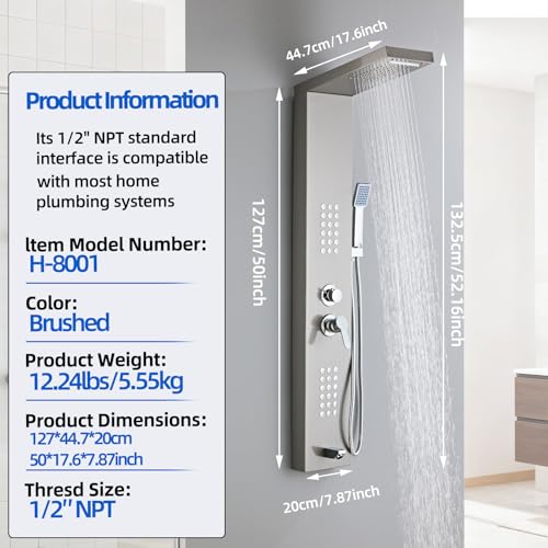 5-in-1 Shower Panel Tower System - Brushed Gray | 304 stainless steel Shower Panel Tower Column with Powerful Body Jets, Rainfall, Waterfall,Handheld and Tub Spout - color: Brushed Gray, style: LSH-8001