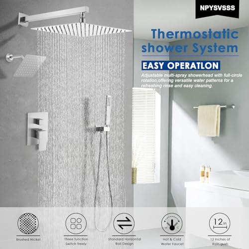 12" Shower Faucet Set Rain Shower System with 6" Wall Mounted Head Full Body Luxury Rain Shower System Rainfall Shower Head with Handheld Combo,3 Way Pressure Balance Valve Kit,Brushed Nickel - color: Brushed Nickel, style: HG-12inch+6inch