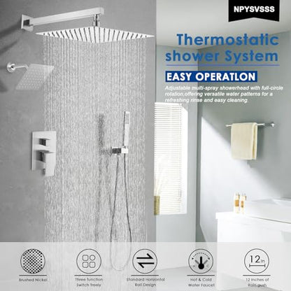 12" Shower Faucet Set Rain Shower System with 6" Wall Mounted Head Full Body Luxury Rain Shower System Rainfall Shower Head with Handheld Combo,3 Way Pressure Balance Valve Kit,Brushed Nickel - color: Brushed Nickel, style: HG-12inch+6inch